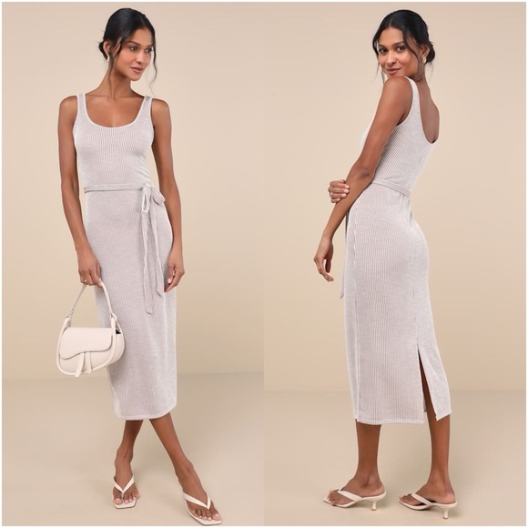 Lulus Dresses & Skirts - LULU'S Summer Perfection Taupe And Ivory Striped Ribbed Midi
Dress